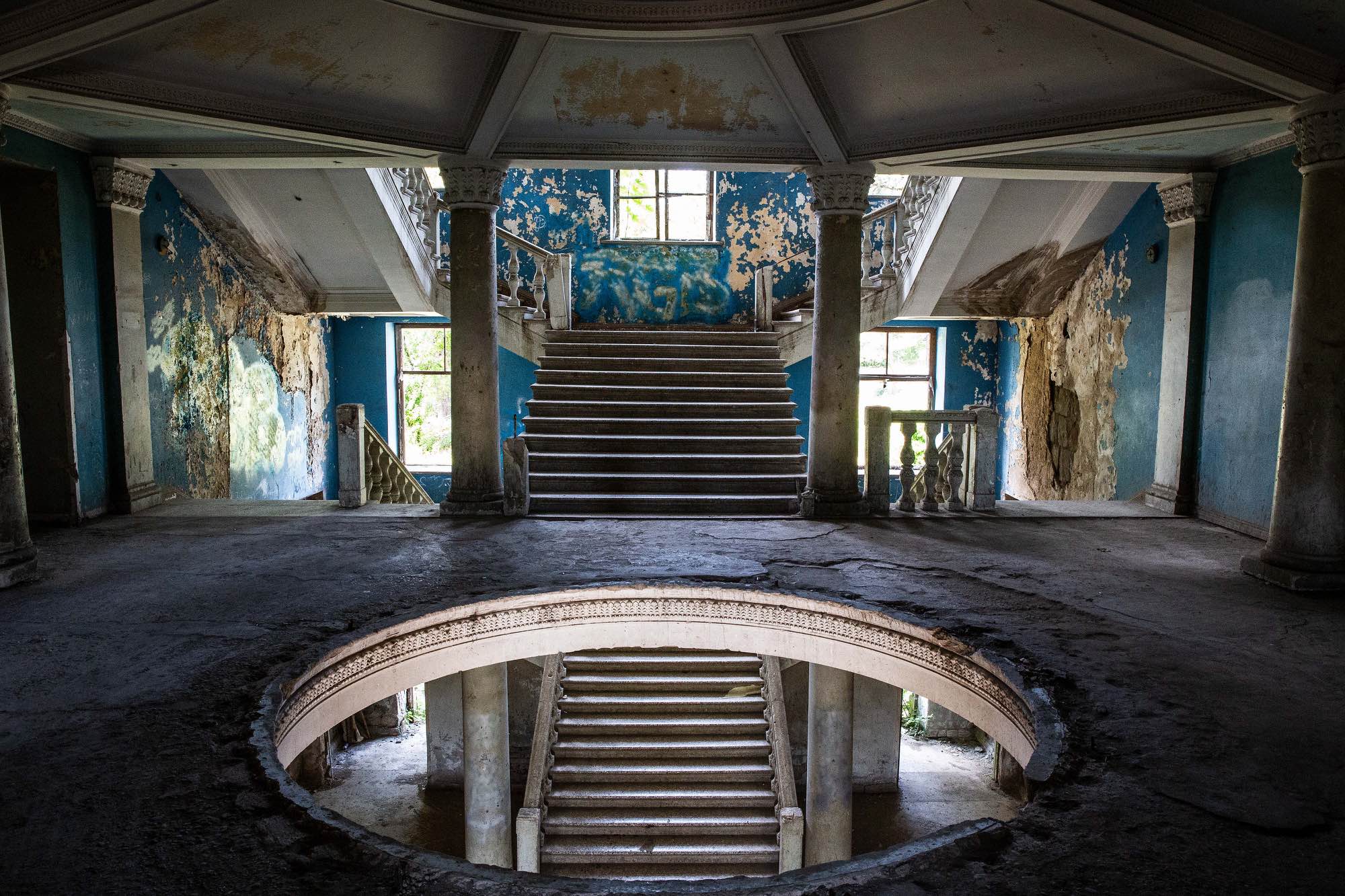 A view of the abandoned lobby at Sanatorium Iveria in Tskatulbo, Georgia on June 16, 2019.