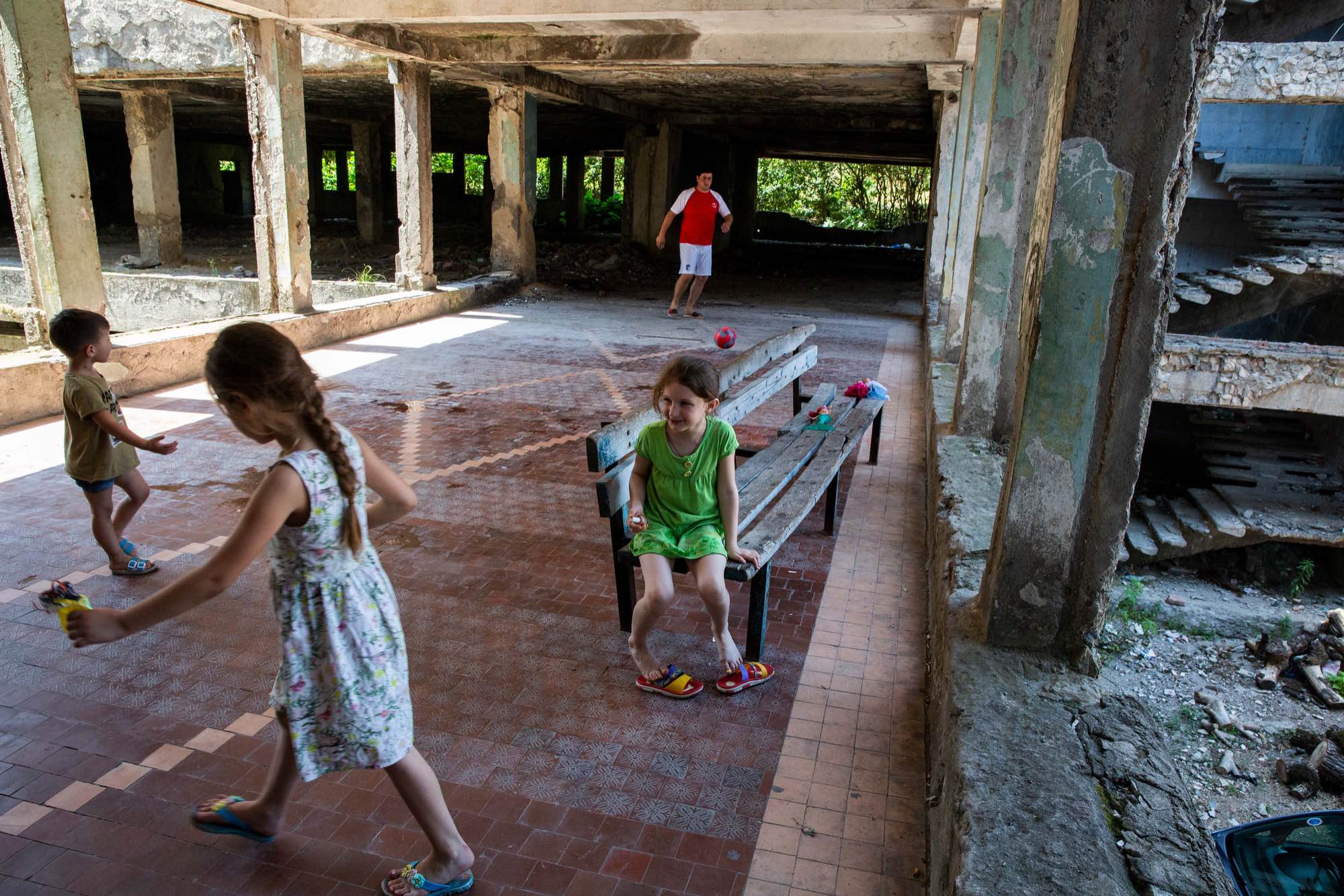 Residents play at Sanatorium Merani in Tskatulbo, Georgia on June 16, 2019.