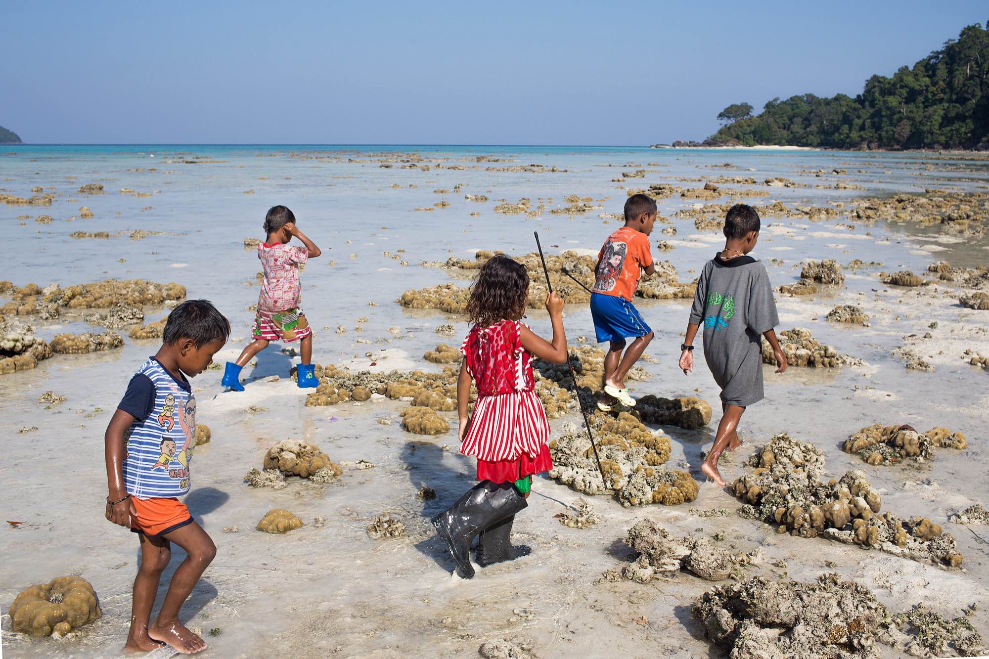 Moken children forage for food during low tide.