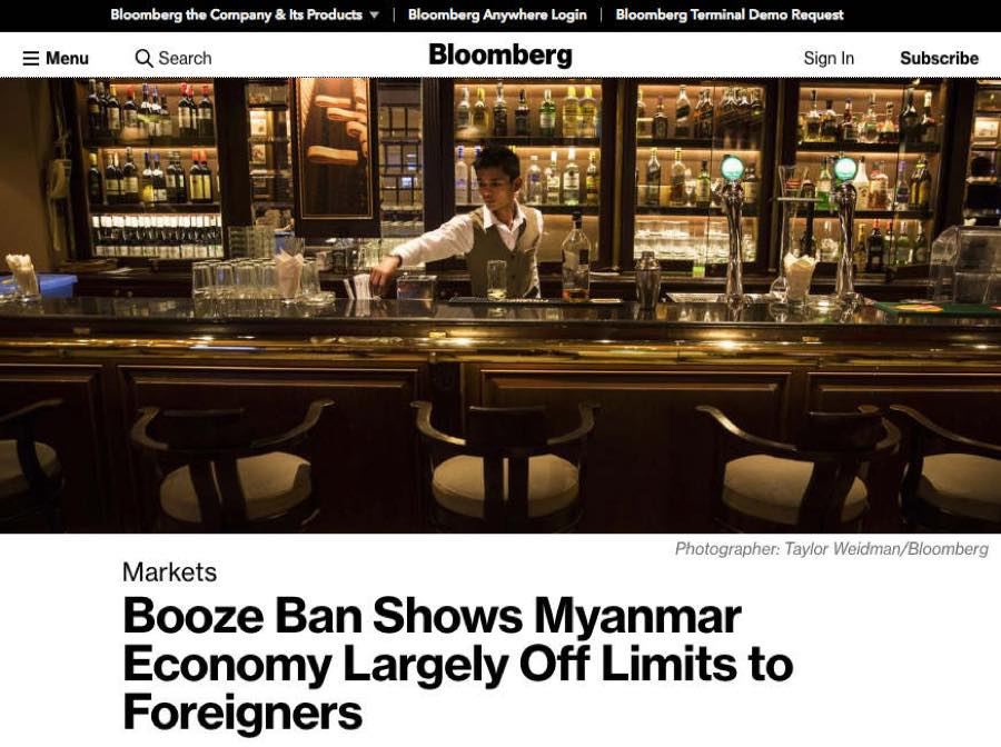 Bloomberg — Booze Ban Shows Myanmar Economy Largely Off Limits to Foreigners.
