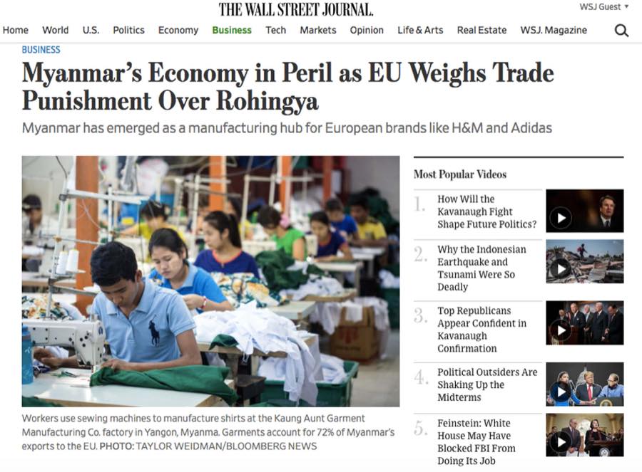 The Wall Street Journal — Myanmar's Economy in Peril as EU Weighs Trade Punishment Over Rohingya.